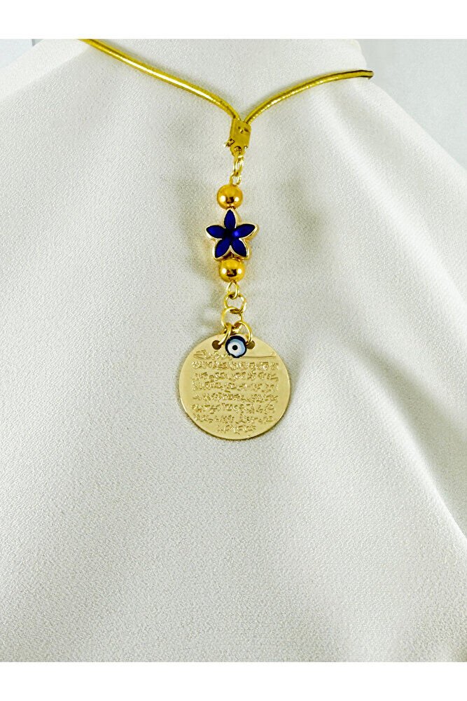 Mavi Yıldız Boncuklu Gold Renkli Metal Ayetel Kürsi Araba Dikiz Ayna Süsü, Yeni Araba Hediyesi