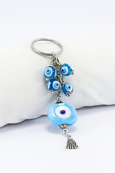 Mavi Danagözü Nazar Boncuğu Metal Püsküllü Anahtarlık, Turkuaz Nazar Salkımlı Küçük Çanta Süsü