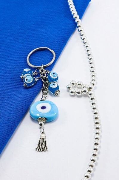 Mavi Danagözü Nazar Boncuğu Metal Püsküllü Anahtarlık, Turkuaz Nazar Salkımlı Küçük Çanta Süsü