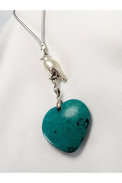 Turkuaz Taş Kalp Metal Kuş Araba Dikiz Ayna Süsü, Yeni Araba Hediyesi