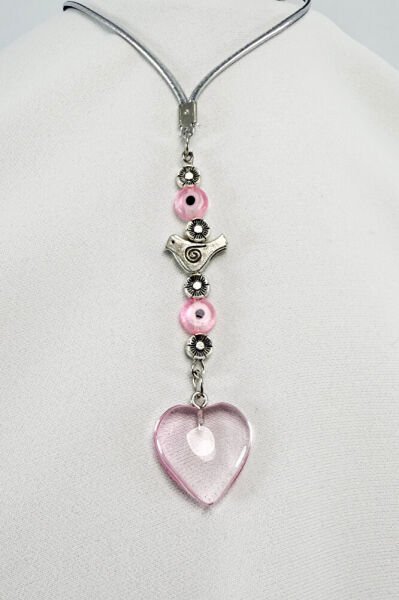 Pembe Cam Nazar Boncuğu Metal Kuş Araba Dikiz Ayna Süsü, Pembe Kalpli Yeni Araba Hediyesi