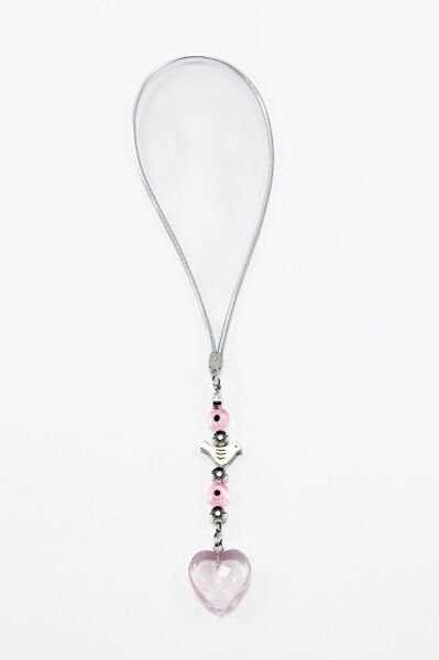 Pembe Cam Nazar Boncuğu Metal Kuş Araba Dikiz Ayna Süsü, Pembe Kalpli Yeni Araba Hediyesi