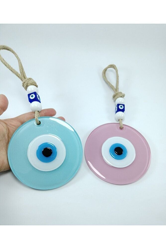 Toz Pembe Ve Cam Göbeği Renkli Cam Nazar Boncuğu El Yapımı Ikili Set Duvar Dekoru Hediyelik Eşya