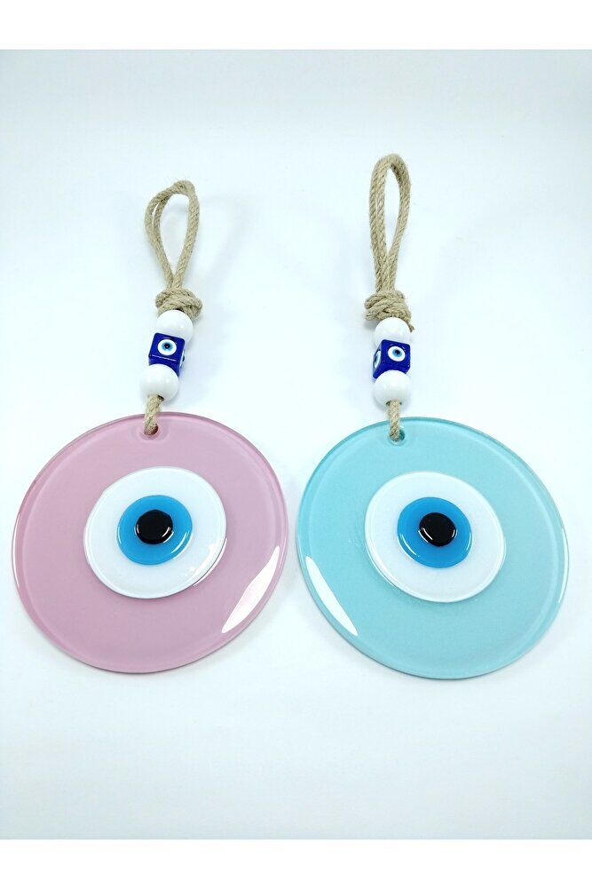 Toz Pembe Ve Cam Göbeği Renkli Cam Nazar Boncuğu El Yapımı Ikili Set Duvar Dekoru Hediyelik Eşya