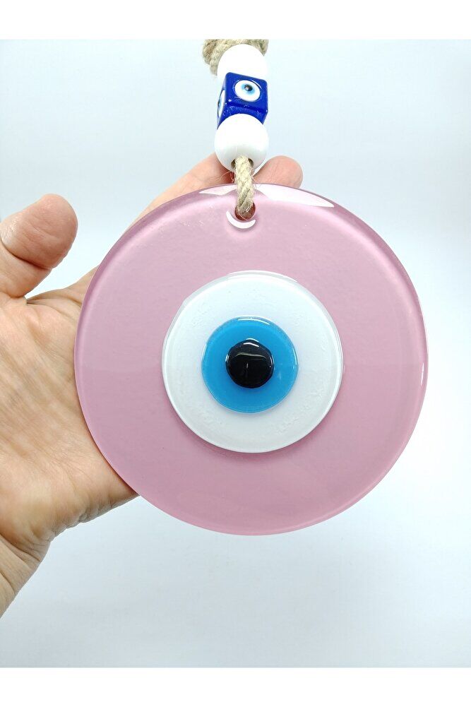 Toz Pembe Ve Cam Göbeği Renkli Cam Nazar Boncuğu El Yapımı Ikili Set Duvar Dekoru Hediyelik Eşya