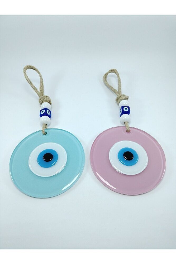 Toz Pembe Ve Cam Göbeği Renkli Cam Nazar Boncuğu El Yapımı Ikili Set Duvar Dekoru Hediyelik Eşya