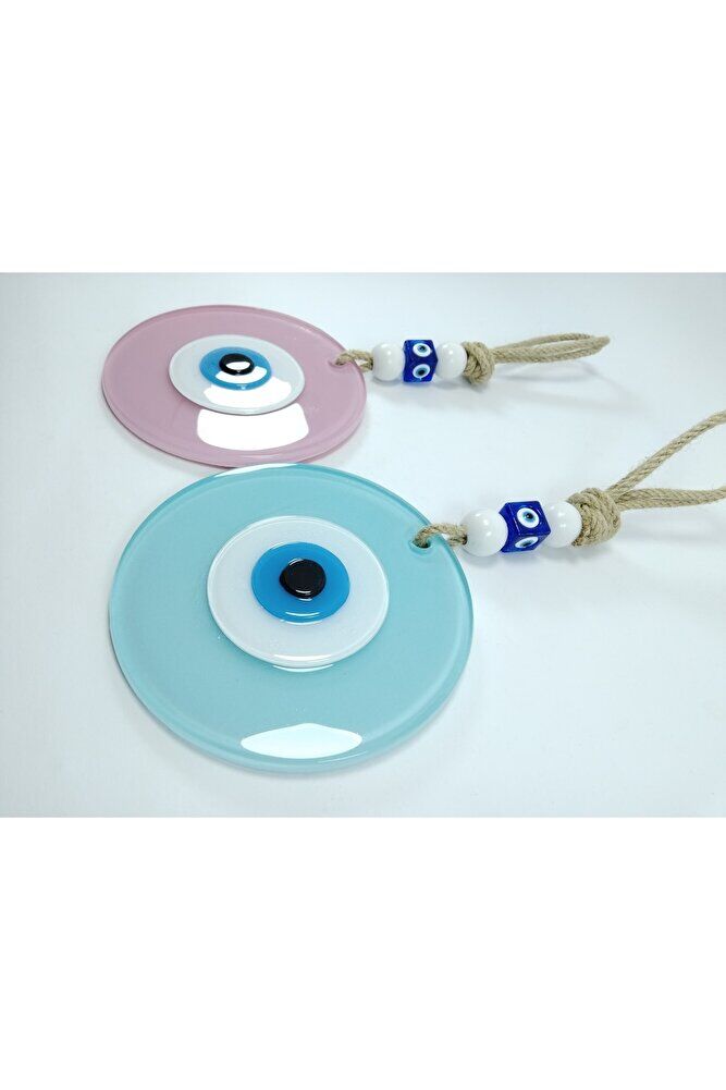 Toz Pembe Ve Cam Göbeği Renkli Cam Nazar Boncuğu El Yapımı Ikili Set Duvar Dekoru Hediyelik Eşya