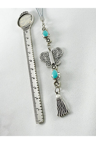 Turkuaz Metalik Boncuklu Metal Kelebek Araba Dikiz Ayna Süsü/Püsküllü Yeni Araba Hediyesi