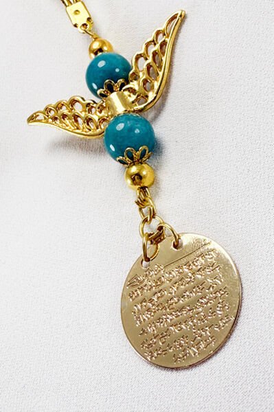 Melek Kanadı Turkuaz Doğaltaş Boncuklu Gold Renkli Metal Ayetel Kürsi Araba Dikiz Ayna Süsü