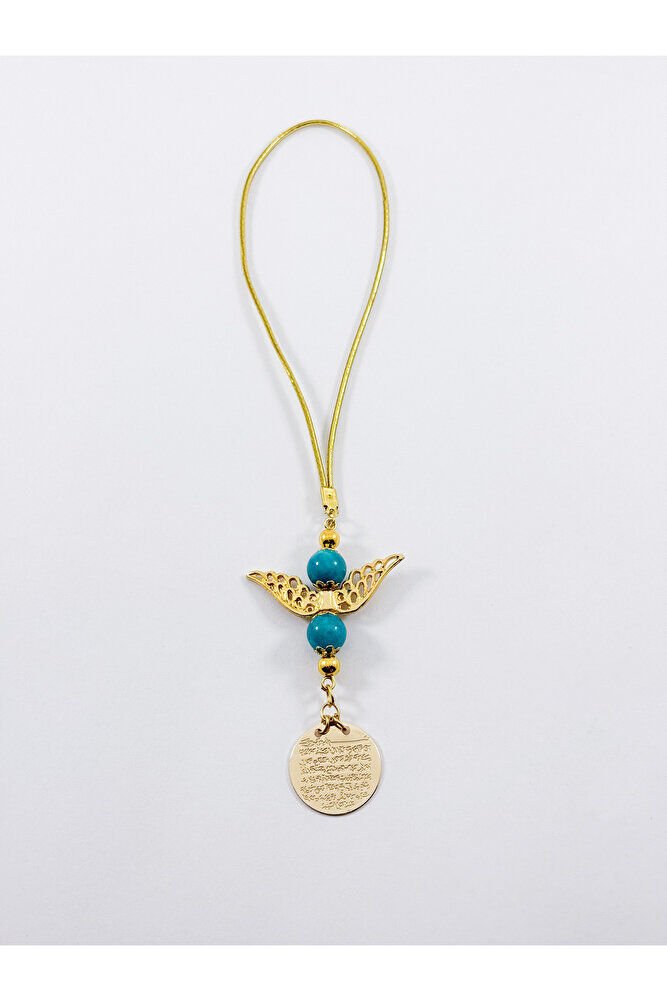 Melek Kanadı Turkuaz Doğaltaş Boncuklu Gold Renkli Metal Ayetel Kürsi Araba Dikiz Ayna Süsü