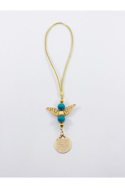 Melek Kanadı Turkuaz Doğaltaş Boncuklu Gold Renkli Metal Ayetel Kürsi Araba Dikiz Ayna Süsü