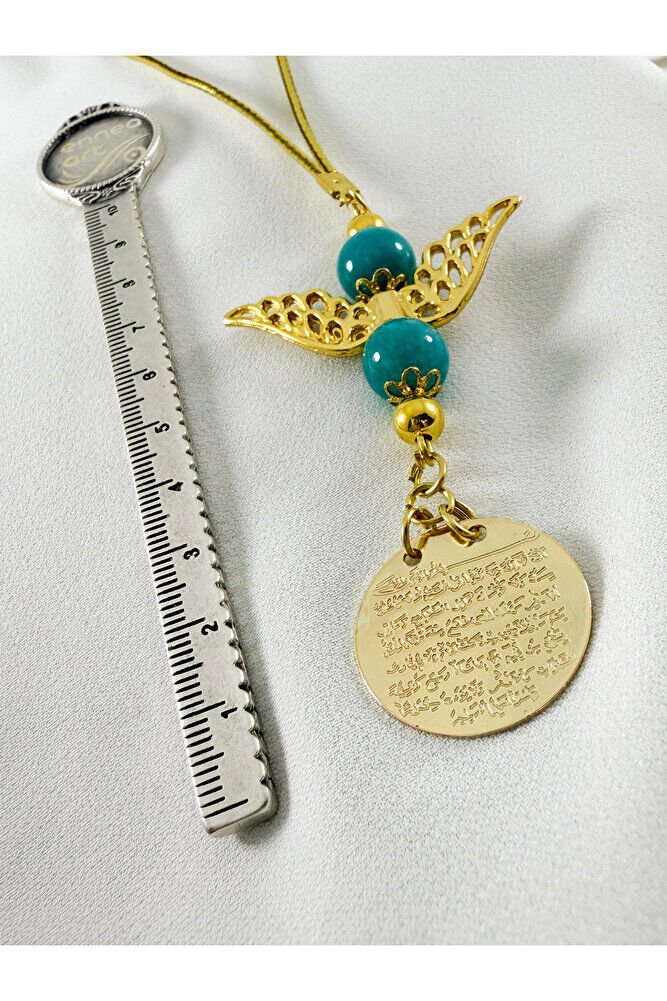 Melek Kanadı Turkuaz Doğaltaş Boncuklu Gold Renkli Metal Ayetel Kürsi Araba Dikiz Ayna Süsü