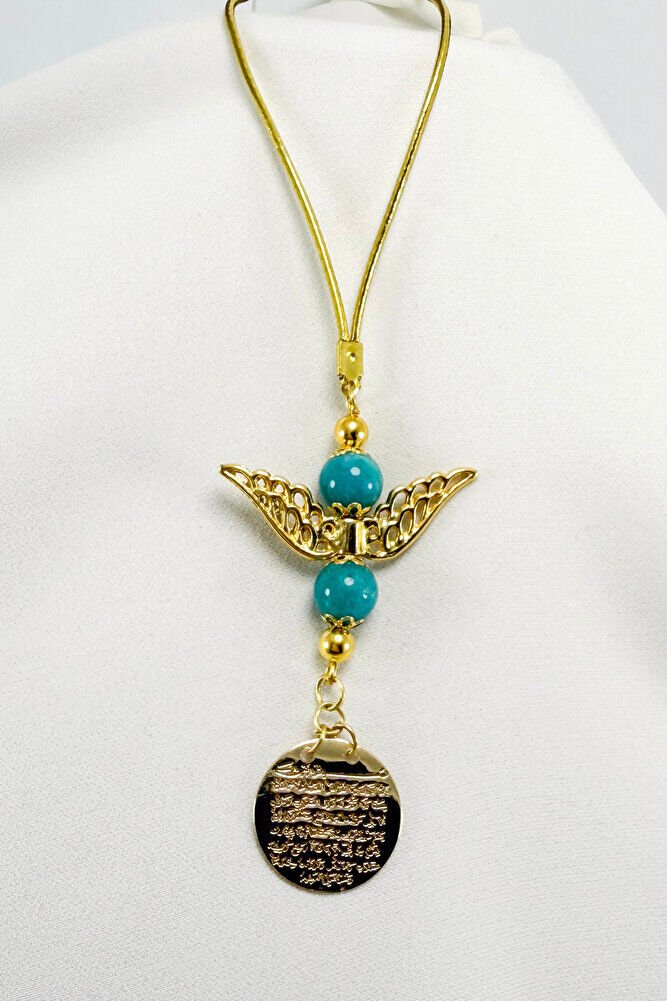 Melek Kanadı Turkuaz Doğaltaş Boncuklu Gold Renkli Metal Ayetel Kürsi Araba Dikiz Ayna Süsü