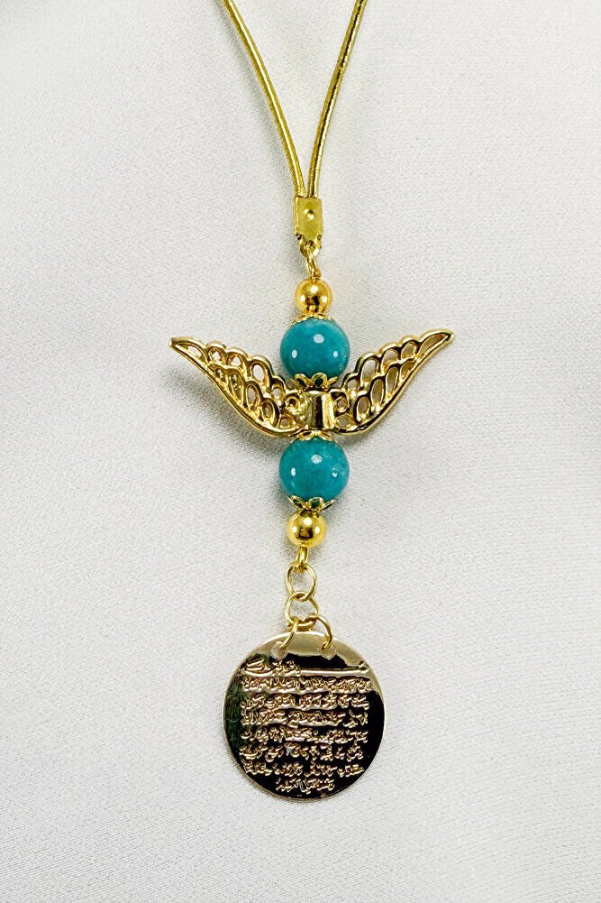 Melek Kanadı Turkuaz Doğaltaş Boncuklu Gold Renkli Metal Ayetel Kürsi Araba Dikiz Ayna Süsü