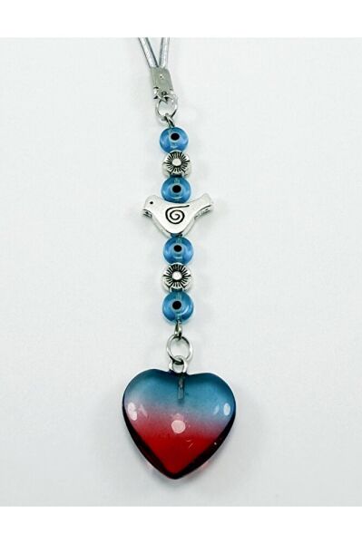 Kırmızı Turkuaz Cam Nazar Boncuğu Metal Kuş Araba Dikiz Ayna Süsü, Kalpli Yeni Araba Hediyesi