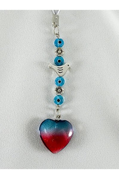 Kırmızı Turkuaz Cam Nazar Boncuğu Metal Kuş Araba Dikiz Ayna Süsü, Kalpli Yeni Araba Hediyesi