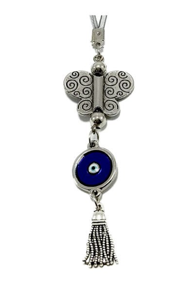 Mineli Nazar Boncuklu, Metal Kelebek Araba Dikiz Ayna Süsü/Püsküllü Yeni Araba Hediyesi