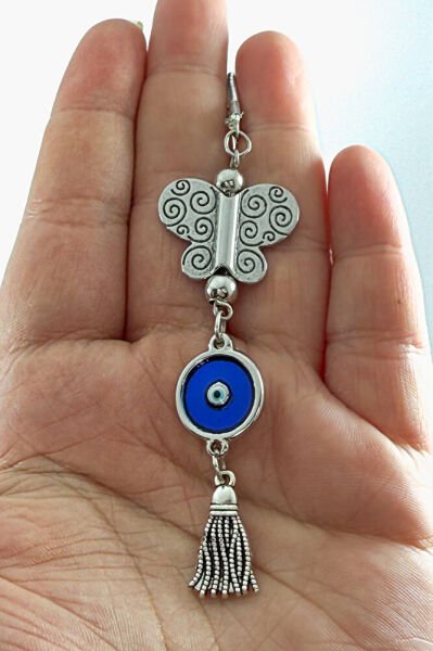 Mineli Nazar Boncuklu, Metal Kelebek Araba Dikiz Ayna Süsü/Püsküllü Yeni Araba Hediyesi