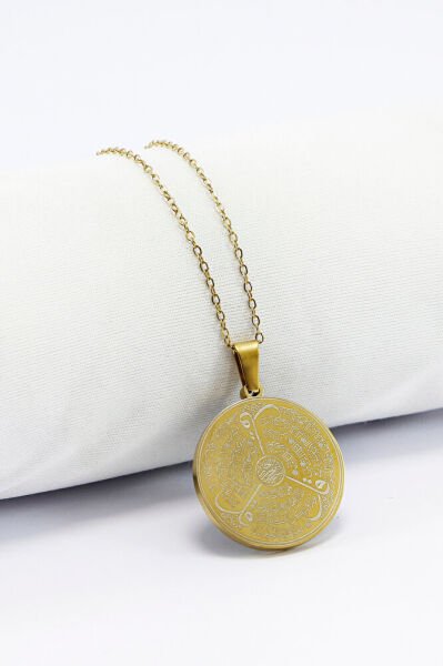 Paslanmaz Çelik Siyah Gold Çelik Kolye Lazer Kazıma Önde Ayetel Kürsi Arkada Felak Nas İhlas