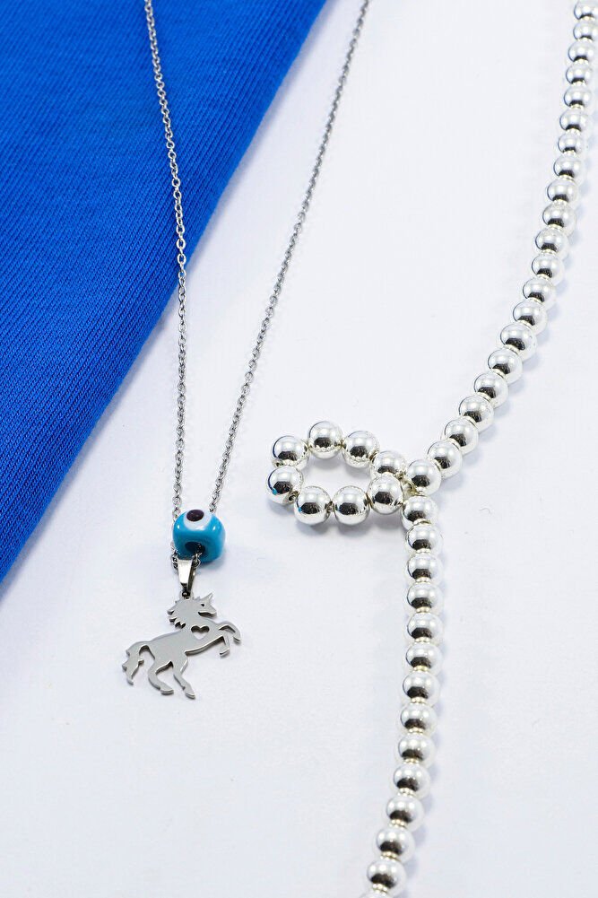 Paslanmaz Çelik Gümüş Renkli Kalpli Şahlanmış At Kolye, Mavi cam nazar Boncuklu 60 cm