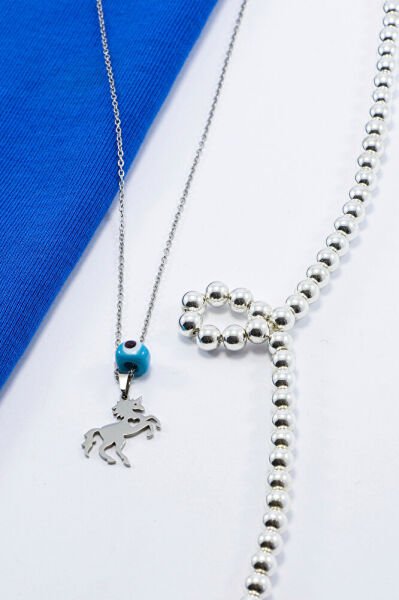 Paslanmaz Çelik Gümüş Renkli Kalpli Şahlanmış At Kolye, Mavi cam nazar Boncuklu 60 cm