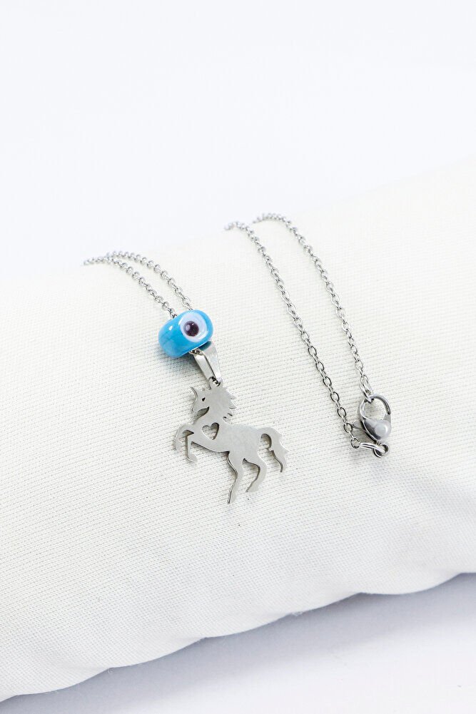 Paslanmaz Çelik Gümüş Renkli Kalpli Şahlanmış At Kolye, Mavi cam nazar Boncuklu 60 cm