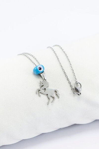 Paslanmaz Çelik Gümüş Renkli Kalpli Şahlanmış At Kolye, Mavi cam nazar Boncuklu 60 cm
