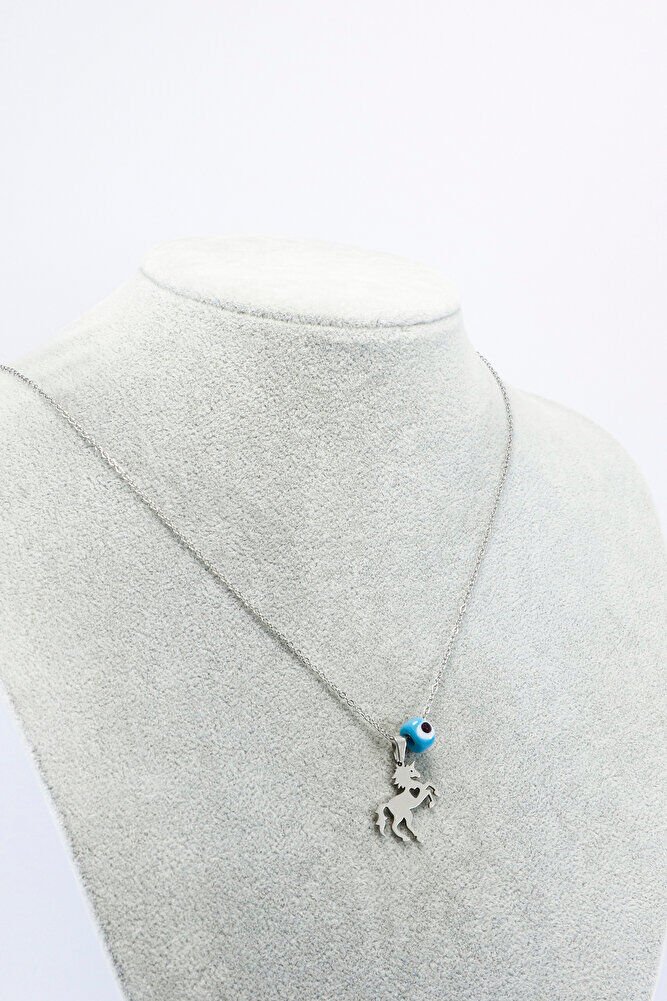 Paslanmaz Çelik Gümüş Renkli Kalpli Şahlanmış At Kolye, Mavi cam nazar Boncuklu 60 cm