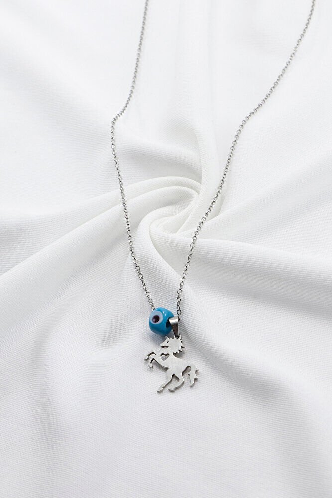 Paslanmaz Çelik Gümüş Renkli Kalpli Şahlanmış At Kolye, Mavi cam nazar Boncuklu 60 cm