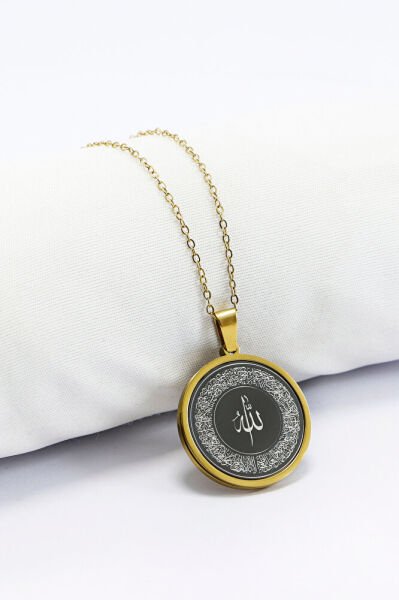 Paslanmaz Çelik Siyah Gold Çelik Kolye Lazer Kazıma Allah Lafzı Ayetel Kürsi Arkada Felak Nas İhlas