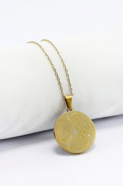 Paslanmaz Çelik Siyah Gold Çelik Kolye Lazer Kazıma Allah Lafzı Ayetel Kürsi Arkada Felak Nas İhlas