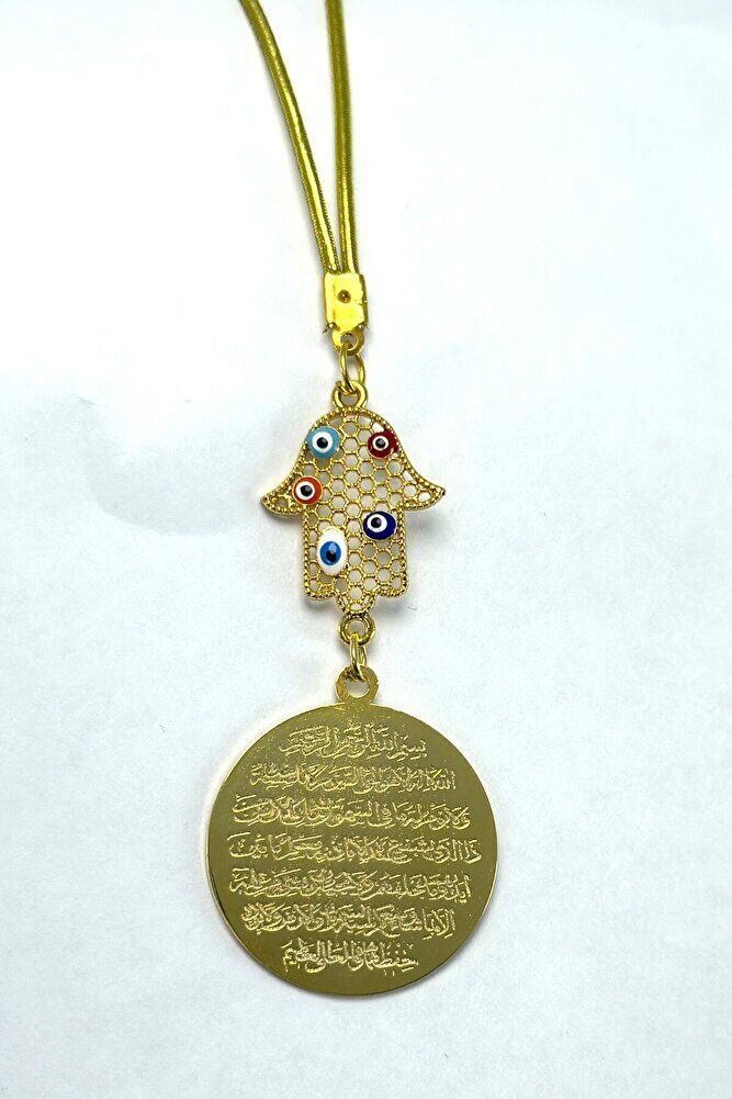 Renkli Nazarlı Hamse Altın Kaplama  Ayetel Kürsi Araba Dikiz Ayna Süsü