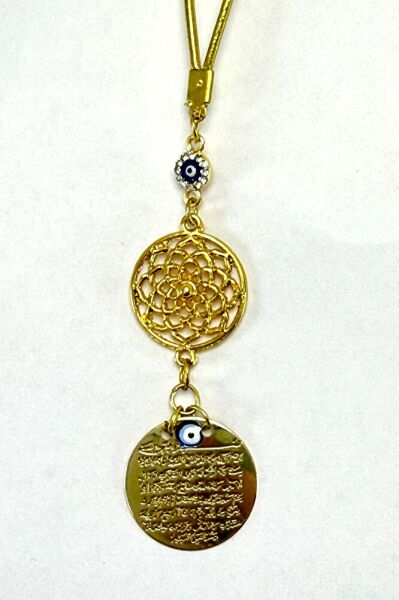 Parlak Taşlı Küçük Nazar ve Lotus Çiçeği  Detaylı Metal Ayetel Kürsi Araba Dikiz Ayna Süsü