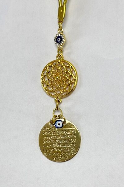 Parlak Taşlı Küçük Nazar ve Lotus Çiçeği  Detaylı Metal Ayetel Kürsi Araba Dikiz Ayna Süsü