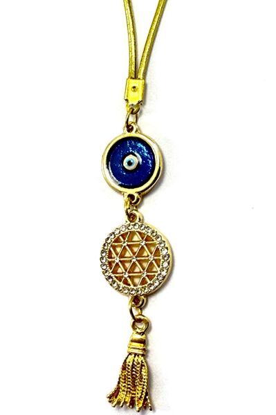 Enameled Evil Eye Tassel Detailed Shiny Stone Gold Flower of Life Car Rearview Mirror Ornament, Car Gift