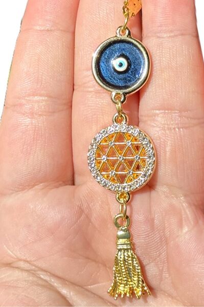 Enameled Evil Eye Tassel Detailed Shiny Stone Gold Flower of Life Car Rearview Mirror Ornament, Car Gift