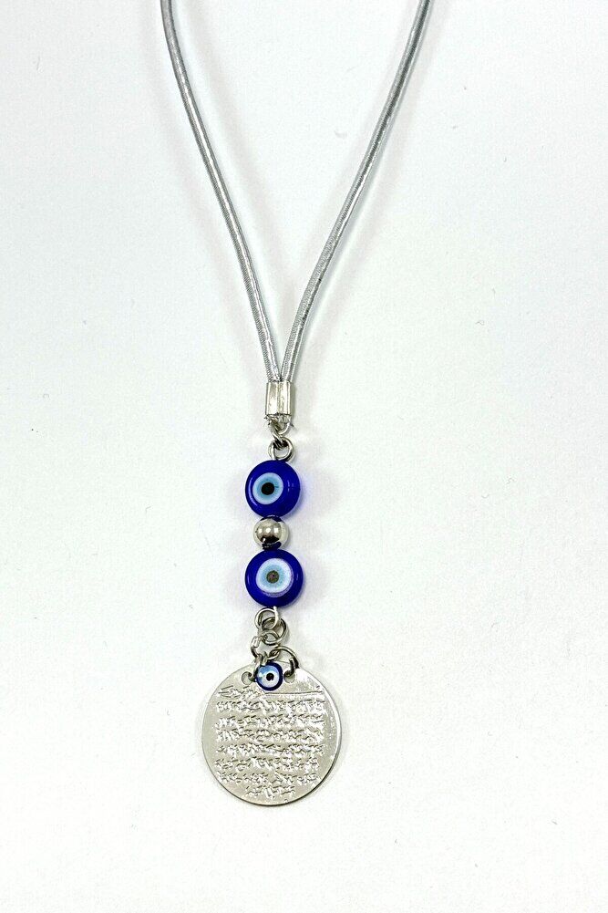 El Yapımı Yassı Cam Nazar Boncuğu Detaylı Metal Ayetel Kürsi Araba Dikiz Ayna Süsü, Gümüş Renkli