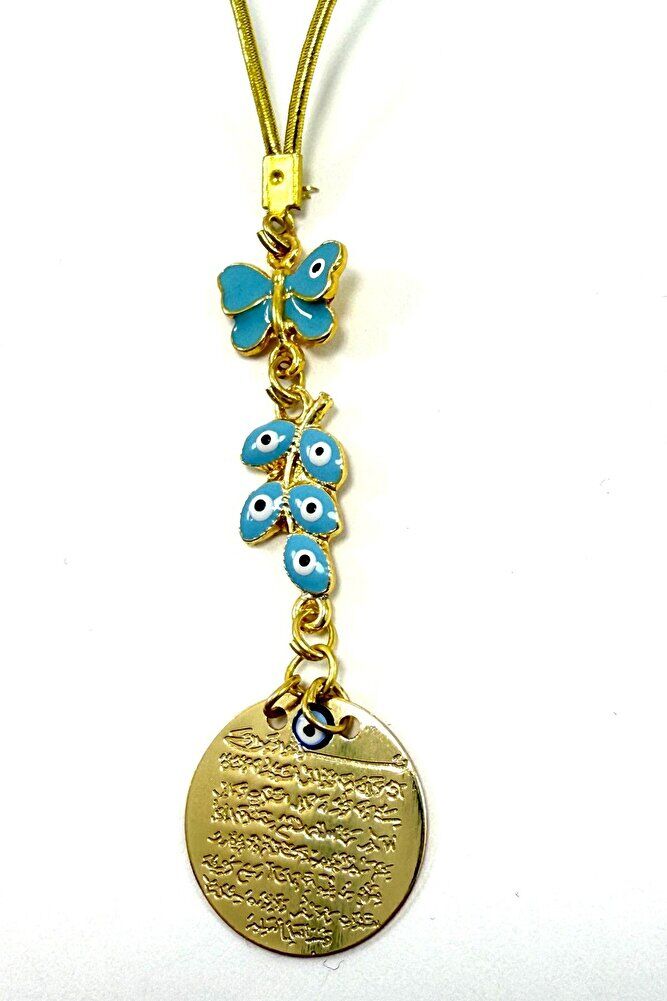 Mavi Kelebek ve Salkım Nazar Detaylı Metal Ayetel Kürsi Araba Dikiz Ayna Süsü, Altın Renkli