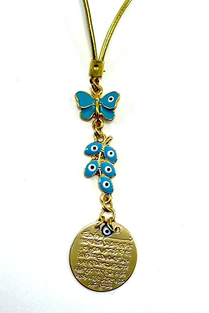 Mavi Kelebek ve Salkım Nazar Detaylı Metal Ayetel Kürsi Araba Dikiz Ayna Süsü, Altın Renkli