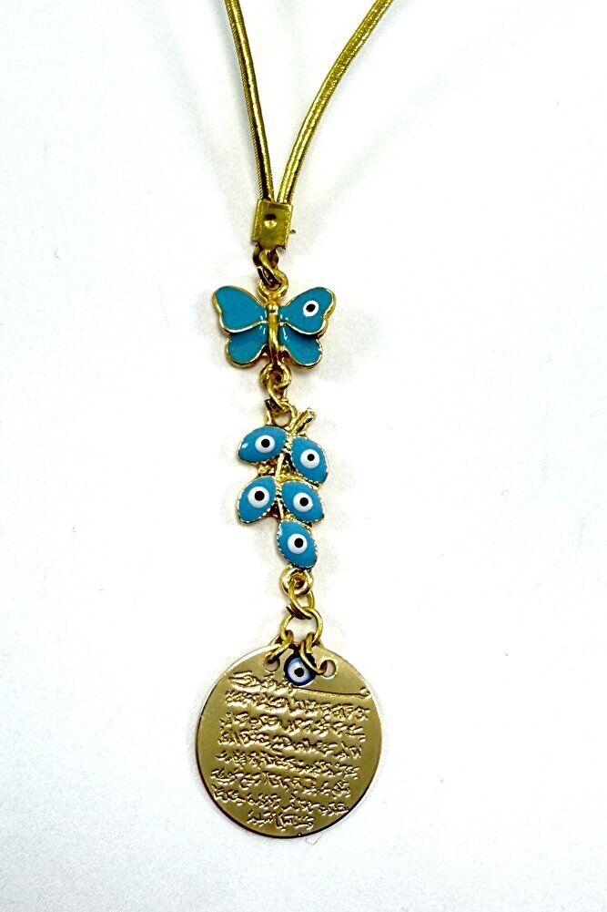 Mavi Kelebek ve Salkım Nazar Detaylı Metal Ayetel Kürsi Araba Dikiz Ayna Süsü, Altın Renkli