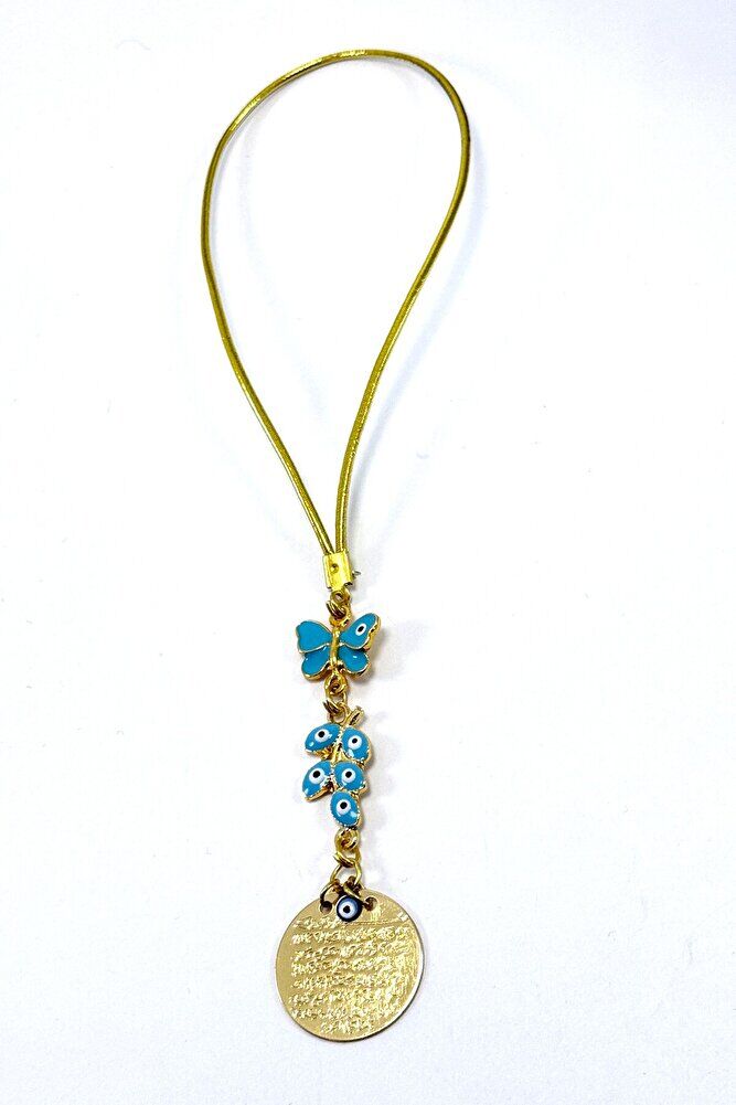 Mavi Kelebek ve Salkım Nazar Detaylı Metal Ayetel Kürsi Araba Dikiz Ayna Süsü, Altın Renkli