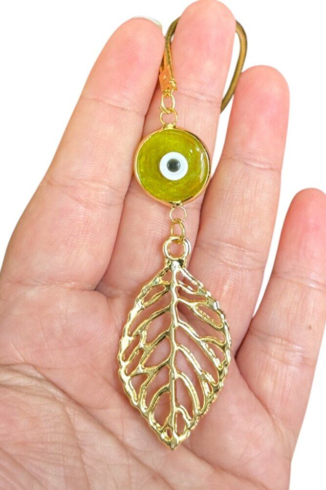 Yeşil El Yapımı Cam Nazar Detaylı Metal Yaprak Araba Dikiz Ayna Süsü, Altın Renkli Araba Hediyesi