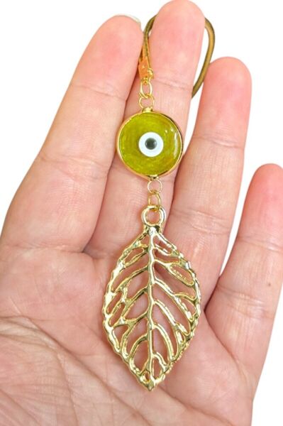 Yeşil El Yapımı Cam Nazar Detaylı Metal Yaprak Araba Dikiz Ayna Süsü, Altın Renkli Araba Hediyesi