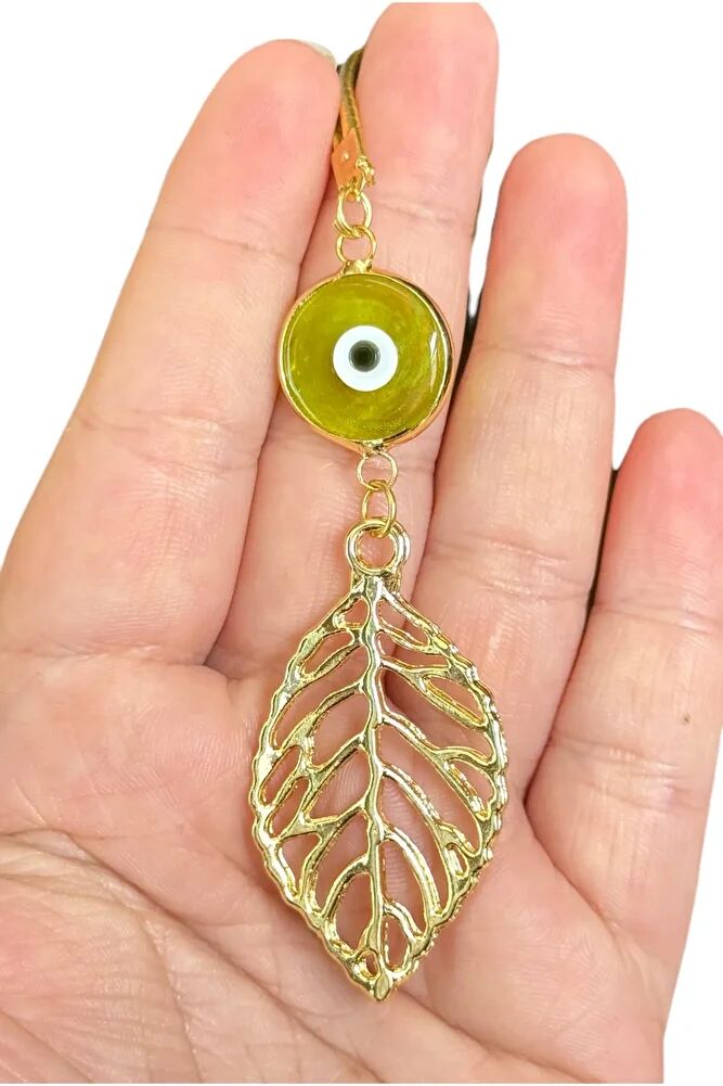 Yeşil El Yapımı Cam Nazar Detaylı Metal Yaprak Araba Dikiz Ayna Süsü, Altın Renkli Araba Hediyesi