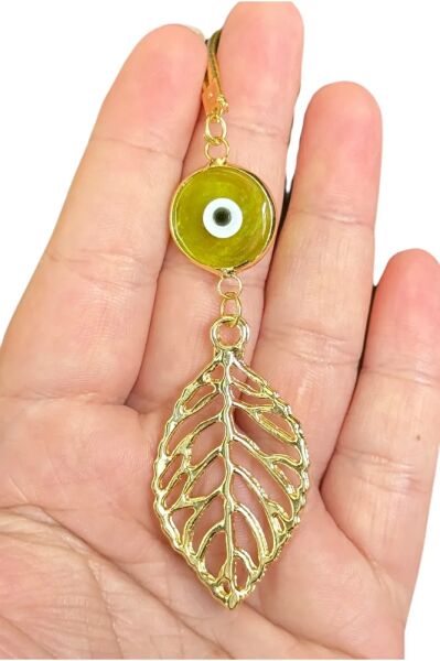 Yeşil El Yapımı Cam Nazar Detaylı Metal Yaprak Araba Dikiz Ayna Süsü, Altın Renkli Araba Hediyesi