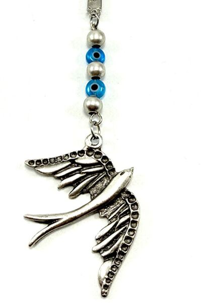 El Yapımı Cam Nazar Boncuk Detaylı Kırlangıç Zambak Kuşu Araba Dikiz Ayna Süsü, Yeni Araba Hediyesi