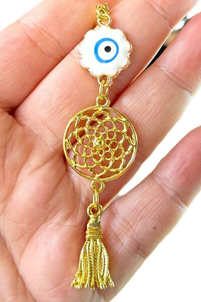 Çiçek Nazar Püskül Detaylı Metal Gold Yaşam Çiçeği Araba Dikiz Ayna Süsü, Yeni Araba Hediyesi