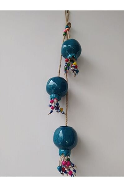 El Yapımı Seramik Üçlü Turkuaz Nar Nazar Boncuğu Duvar Süsü