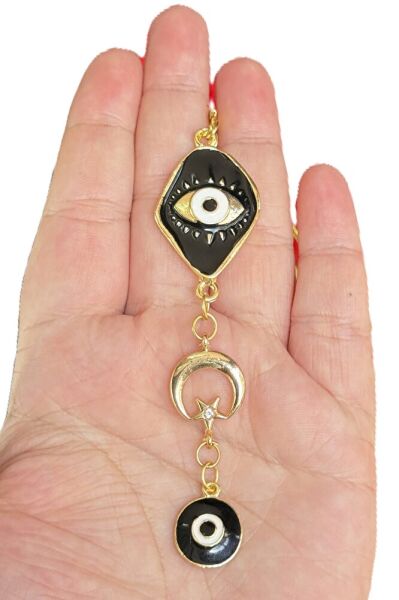 Black Evil Eye Bead Eye Figure Detailed Crescent Star Rearview Mirror Ornament, Stylish New Car Gift