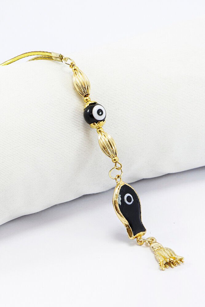 Siyah Cam Balık Siyah Cam Nazar Boncuğu Araba Dikiz Ayna Süsü, Gold Renkli Lüks Araç Süsü